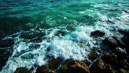 Waves crashing against rocky shoreline, showcasing the beauty of nature with turquoise water and foam creating a vibrant scene.