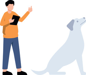 A boy standing next to a dog is holding a tab.