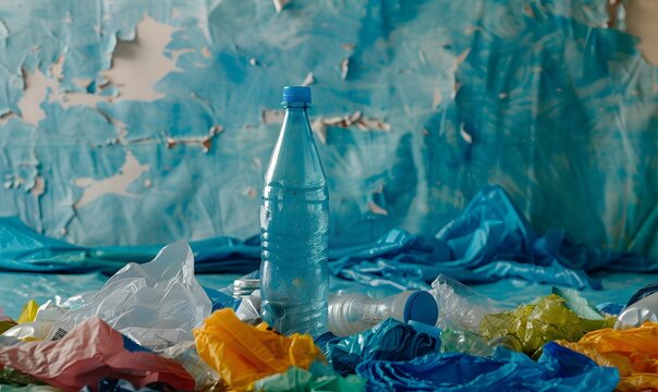 Empty plastic bottle and various fabrics made of recycled polyester fiber synthetic fabric on a blue background. 