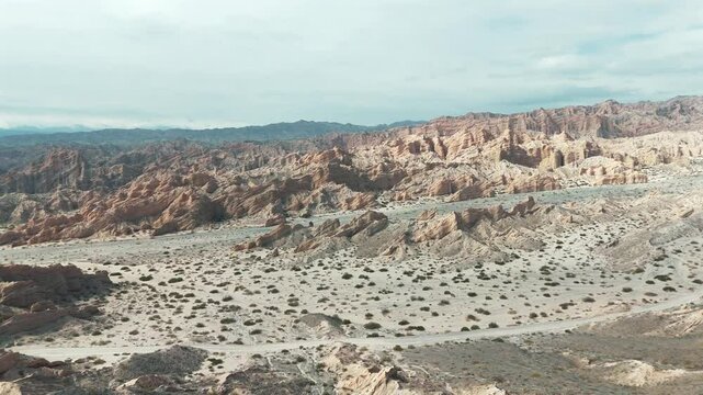 Approaching aerial movement to the National Route 40 road on Quebrada de Las Flechas, Salta, Argentina, South America.