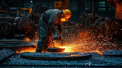 Industrial worker handling molten metal in a steel factory, with sparks flying in a dynamic, high-energy scene