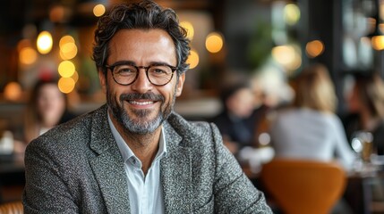 Obraz premium A smiling man with glasses enjoys a relaxed meal in a cozy restaurant with warm lighting and blurred diners in the background