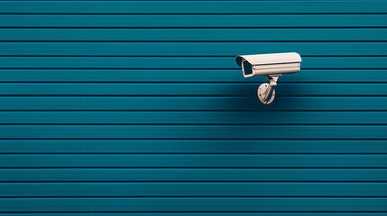 Minimalist Security Camera on Teal Metal Wall