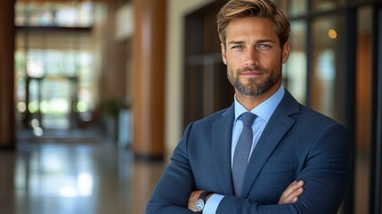 Fototapeta premium Business professional in a tailored suit poses confidently in a modern office lobby during the afternoon