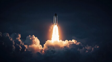 Powerful Rocket Launching into the Dramatic Sky with Clouds and Smoke