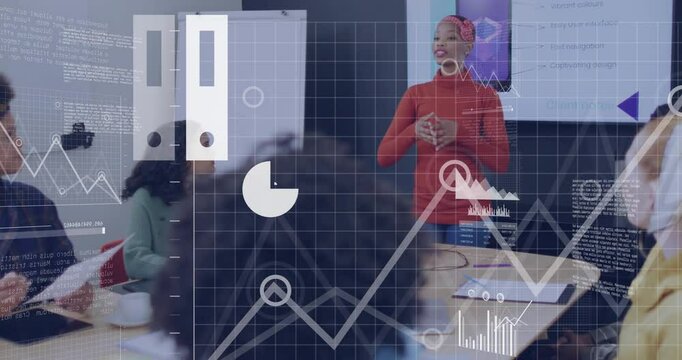 Businesswoman presenting data charts and graphs animation over team meeting in office