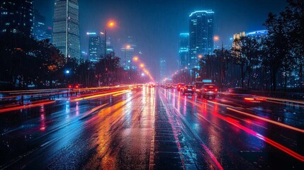 Obraz premium Vibrant city lights reflect in wet streets during a rainy night in a bustling urban environment