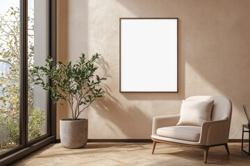 Poster Frame in Beige minimalist living room interior created with generative AI