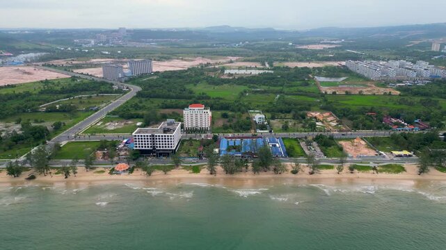 Aerial view of Otres Beach megacity development, tourism development construction site