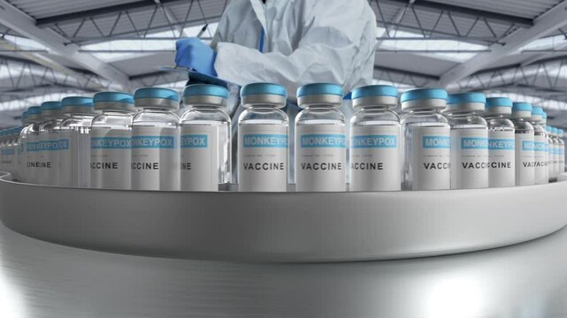 scientist checking monkeypox vaccine production line,employee controls pharmaceutical machinery that carries mpox bottles vials on conveyor belt