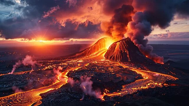 Volcanic Eruption: A fiery spectacle unfolds as a volcano erupts, spewing lava and smoke against a dramatic sky.  The image captures the raw power and beauty of nature's destructive force. 