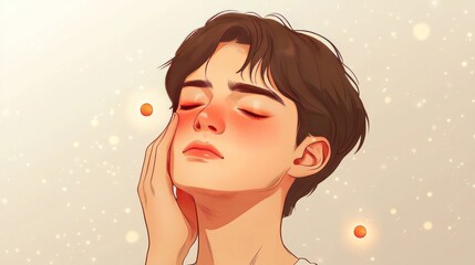 A young man with brown hair and closed eyes, his face flushed and relaxed, with a gentle touch on his cheek.  He is surrounded by a soft, warm glow of light, suggestive of calm and peace.
