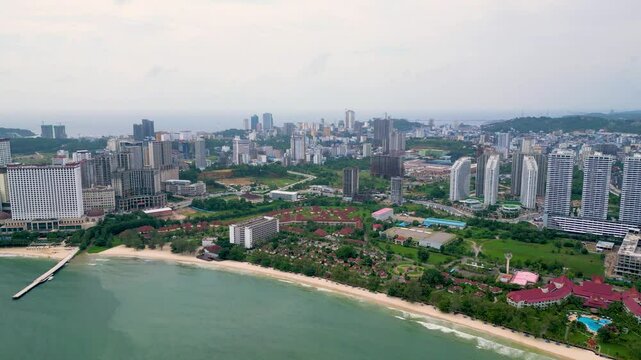 Drone shot of smart city real estate development and highrise buildings, Sokha Beach, Sihanoukville