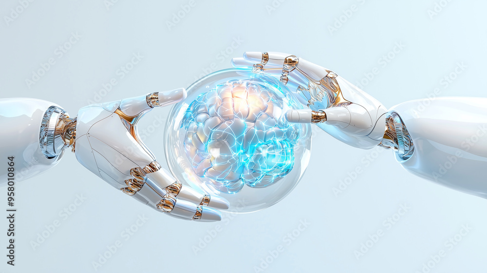 Poster A robotic hand holds a glowing brain inside a glass sphere, symbolizing the fusion of artificial intelligence and human thought, encapsulating innovation and technology.