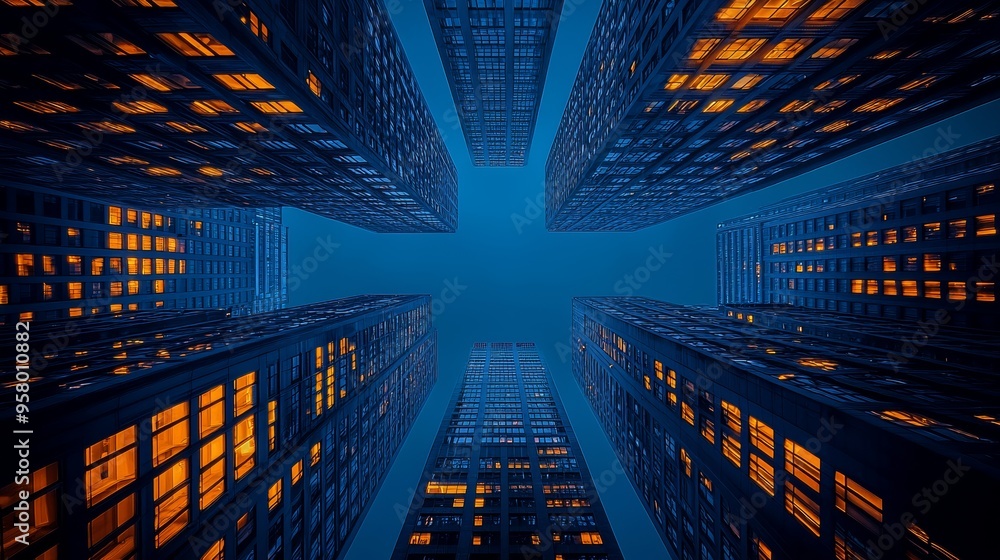 Poster captivating view of skyscrapers with glowing windows under a twilight sky in a bustling urban settin