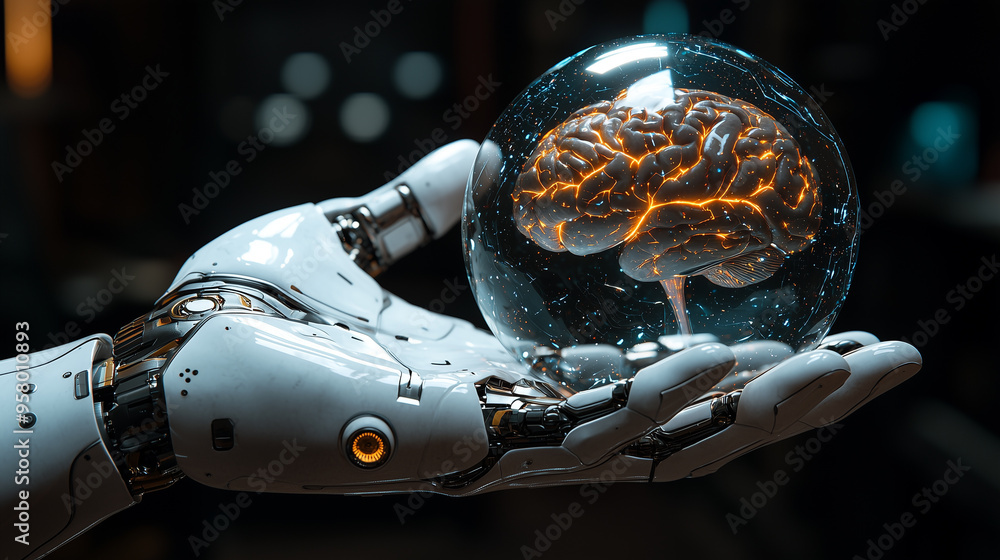 Poster a robotic hand holds a glowing brain inside a glass sphere, symbolizing the fusion of artificial int