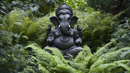 Obraz premium A cool, lifelike Ganesha statue partially hidden by ferns and bushes in a tranquil forest setting