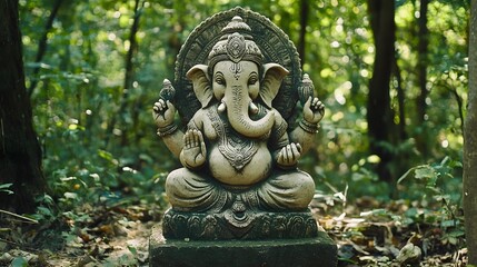 Fototapeta premium A cool Ganesha statue carved from stone, blending harmoniously with the natural beauty of the forest