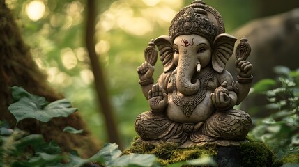 Fototapeta premium A lifelike Ganesha statue with a peaceful expression, nestled deep within the quiet of an old-growth forest