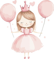 Little Princess With Balloons Watercolor Vector Illustration.