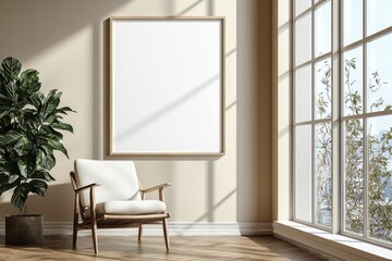 Poster Frame in Beige minimalist living room interior created with generative AI