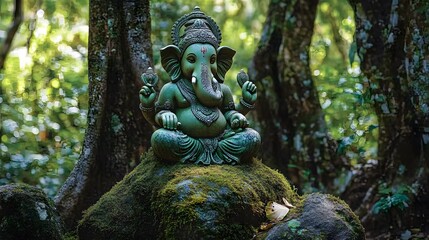 A tranquil Ganesha statue seated on a moss-covered rock, surrounded by the ancient trees of the forest