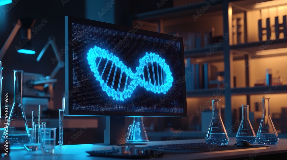 Poster dna strand displayed on a computer in a laboratory