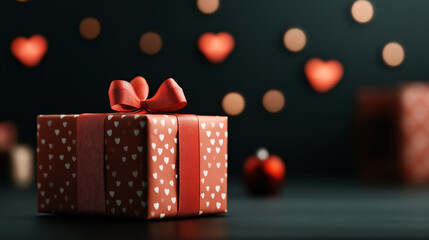 Obraz premium Red gift box with white hearts and red ribbon, set against a dark background with heart-shaped and circular bokeh lights, creating a festive and romantic ambiance.