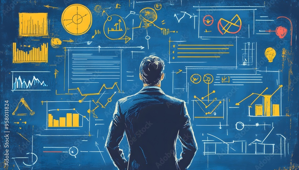 Poster a man studying data and graphs on a blueboard