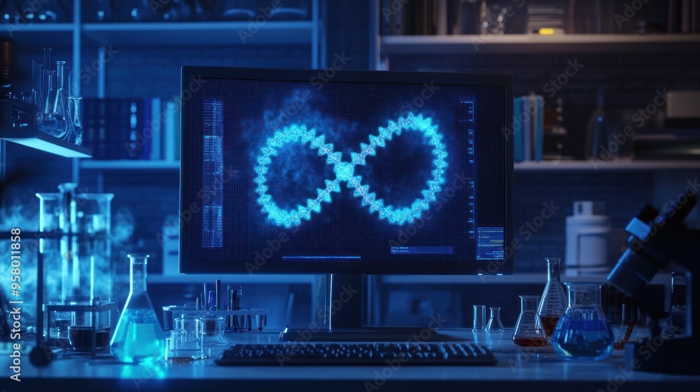 Poster computer screen showing interlocking gears in a laboratory setting
