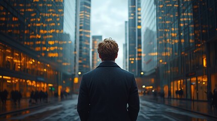 Fototapeta premium A solitary figure stands in a rainy urban street, surrounded by towering skyscrapers during twilight hours in a bustling city
