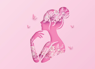 Pink Floral Silhouette Woman Portrait