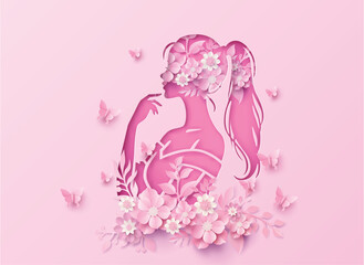 Elegant Pink Woman with Long Hair and Blossoms