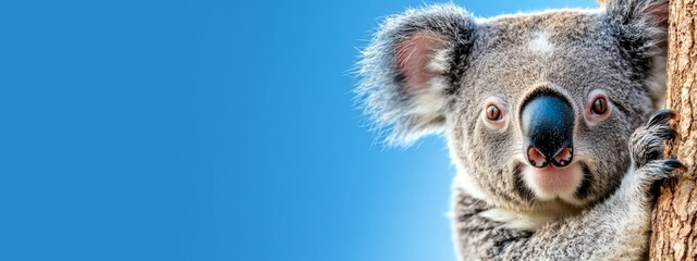  A close-up of a koala in a tree against a blue sky background