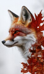 Fototapeta premium A side profile of a fox, creatively combined with autumn leaves through a double exposure effect, representing wildlife and the beauty of nature.