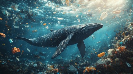 Fototapeta premium A whale swims through a polluted ocean filled with plastic waste, highlighting the environmental crisis and marine conservation issues.