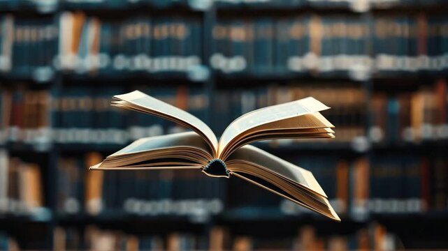 Open book with fluttering pages, towering library shelves, evokes literary heritage and wisdom