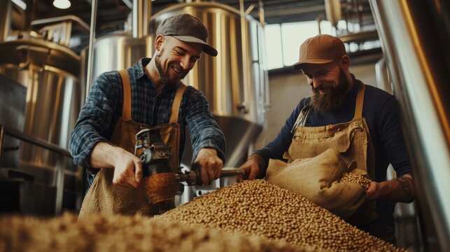 Beer-making process includes men using bags to weigh and add malt to a machine in a brewery or beer plant.