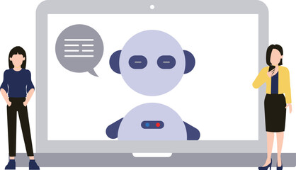 The girls are talking to the robot on the laptop.