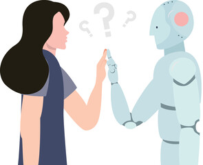 The robot and the girl are touching their hands.