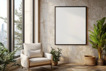 Poster Frame in Beige minimalist living room interior created with generative AI