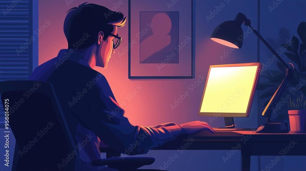 Poster man working late at night on a computer with warm lighting in a cozy office setting