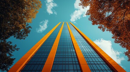 A stunning view of a modern skyscraper with orange accents rising against a blue sky and foliage in autumn colors