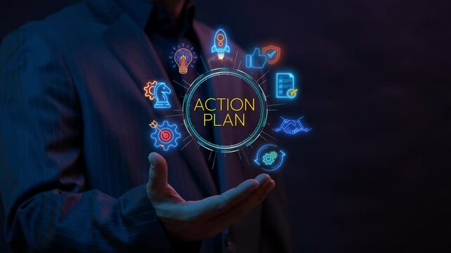 Businessman shows glowing neon line banner of action plan concept with icons of objective, strategy, collaboration, schedule, act, launch, check and implementation.