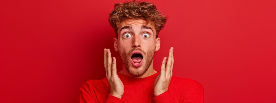  A man with a surprised expression, hands raised before his face