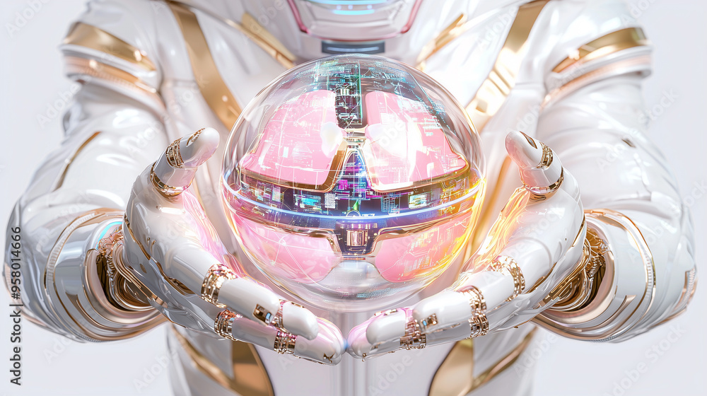 Poster a futuristic robotic figure holds a glowing orb with digital circuits and holographic data, symboliz