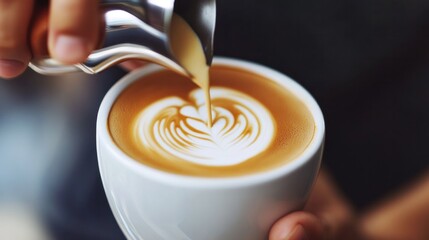 A barista making a latte with coffee alternative milk, with a focus on the foam and latte art created with almond milk