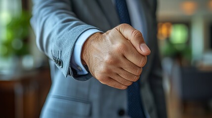 Fototapeta premium A businessman extending a hand for a handshake in a professional setting during daylight hours