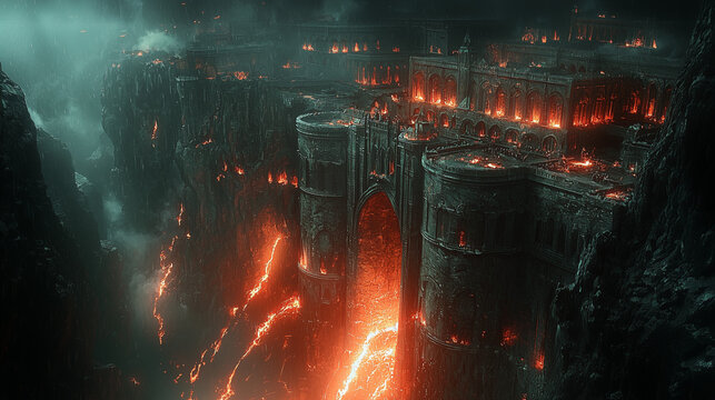 formidable dwarven fortress atop a glowing river of molten lava, shrouded in mist and shadow