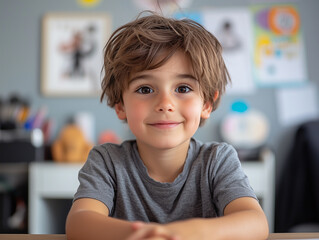 A child with curly hair is in a colorful playroom filled with toys and blocks, representing a learning and development environment for young children.